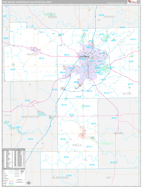 Fort Wayne Metro Area Zip Code Wall Map